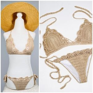 Crocheted cotton blend bikini swimsuit set top bottom